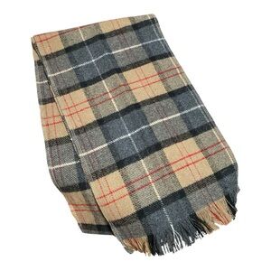 Classic Plaid Wool Scarf with Fringe in Black,  Tan and Beige OSFM